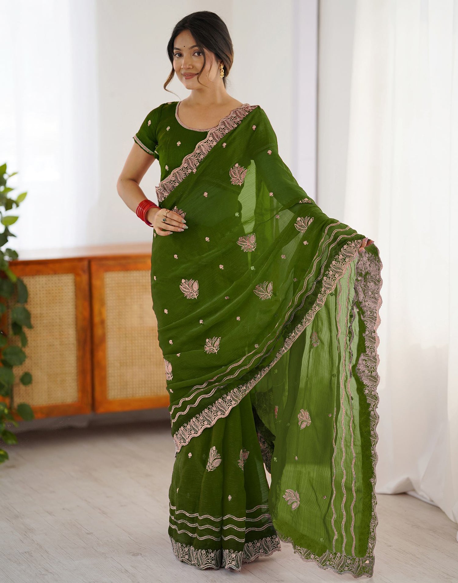 Dark Green Shimmer Embroidery Saree