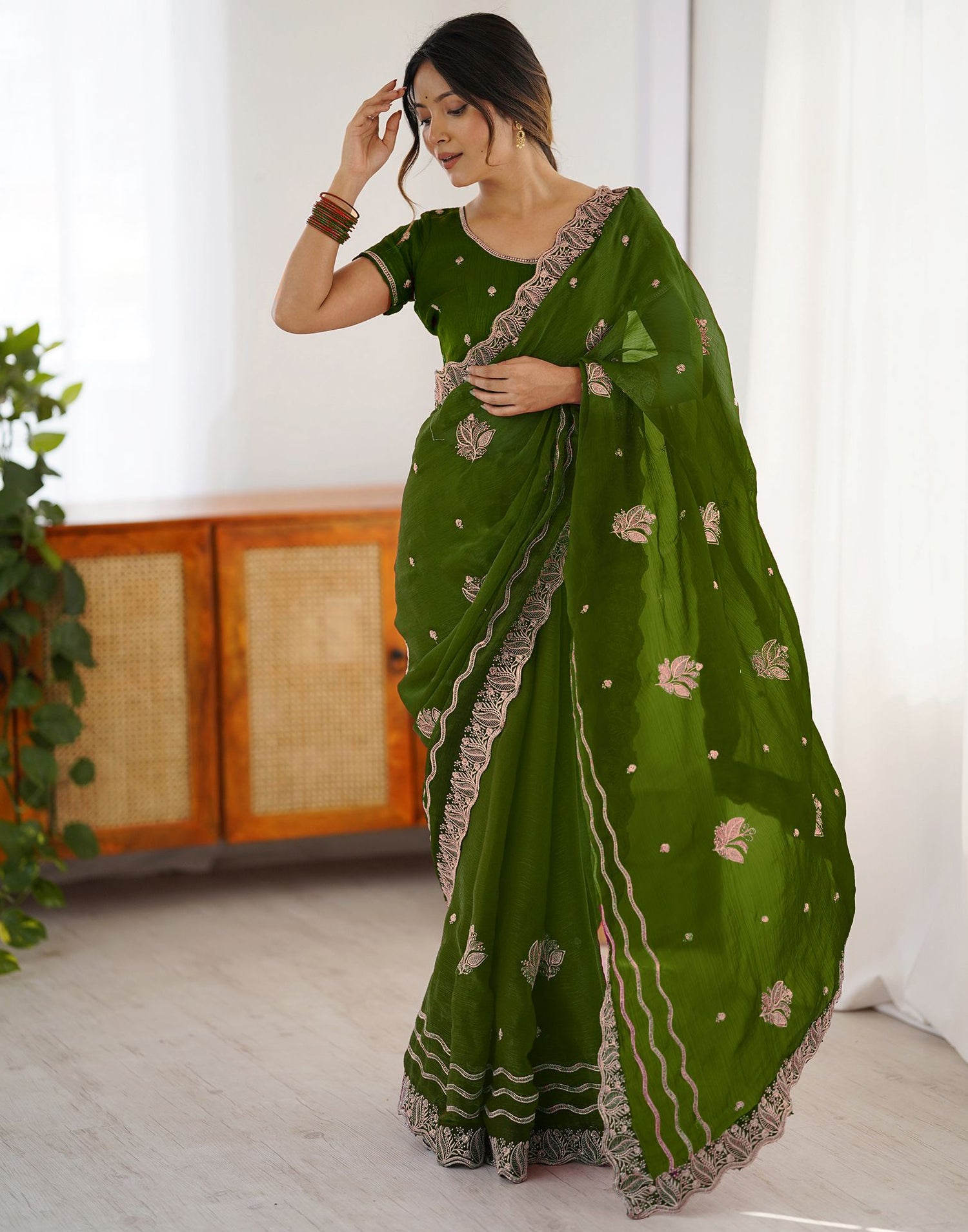 Dark Green Shimmer Embroidery Saree