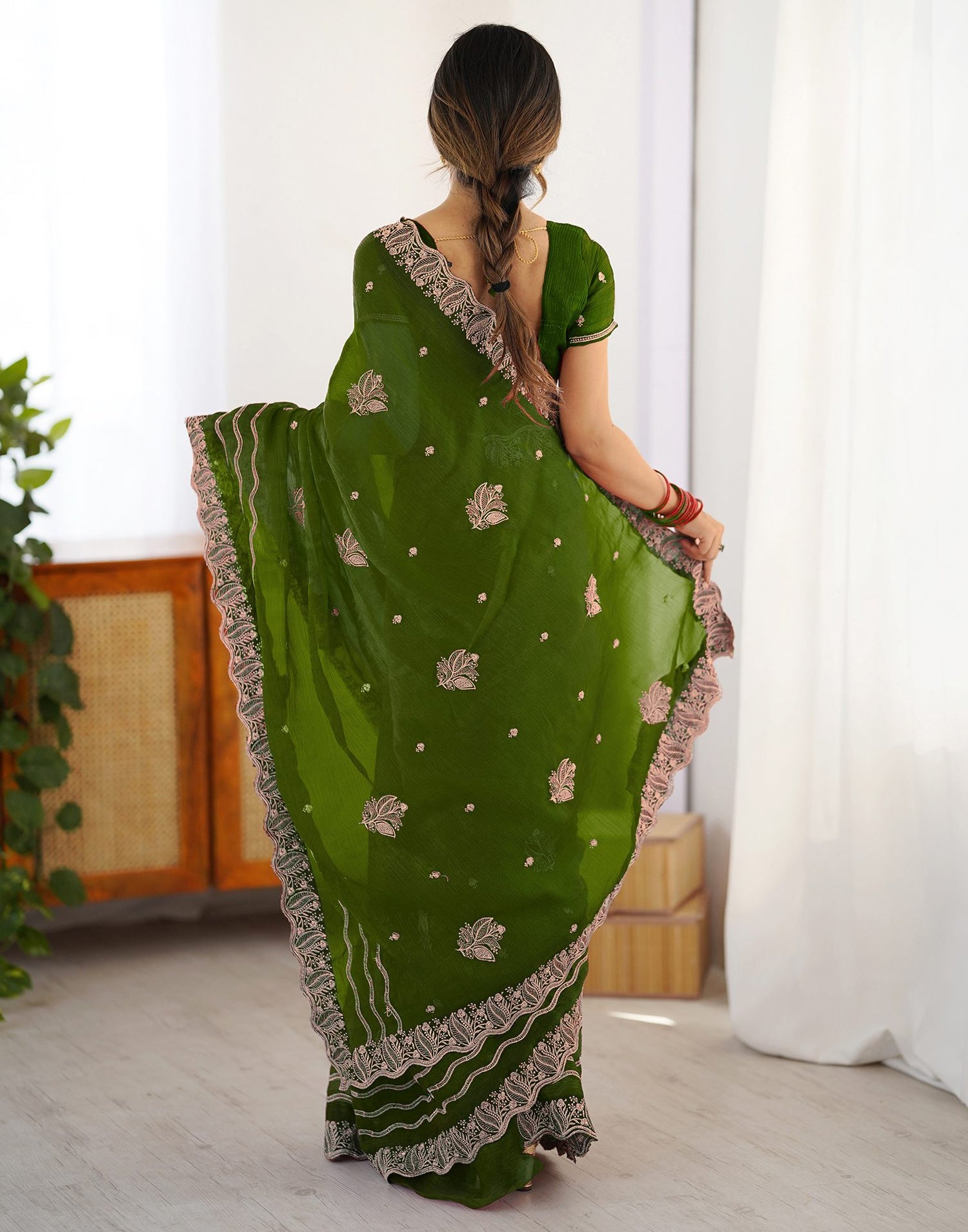 Dark Green Shimmer Embroidery Saree