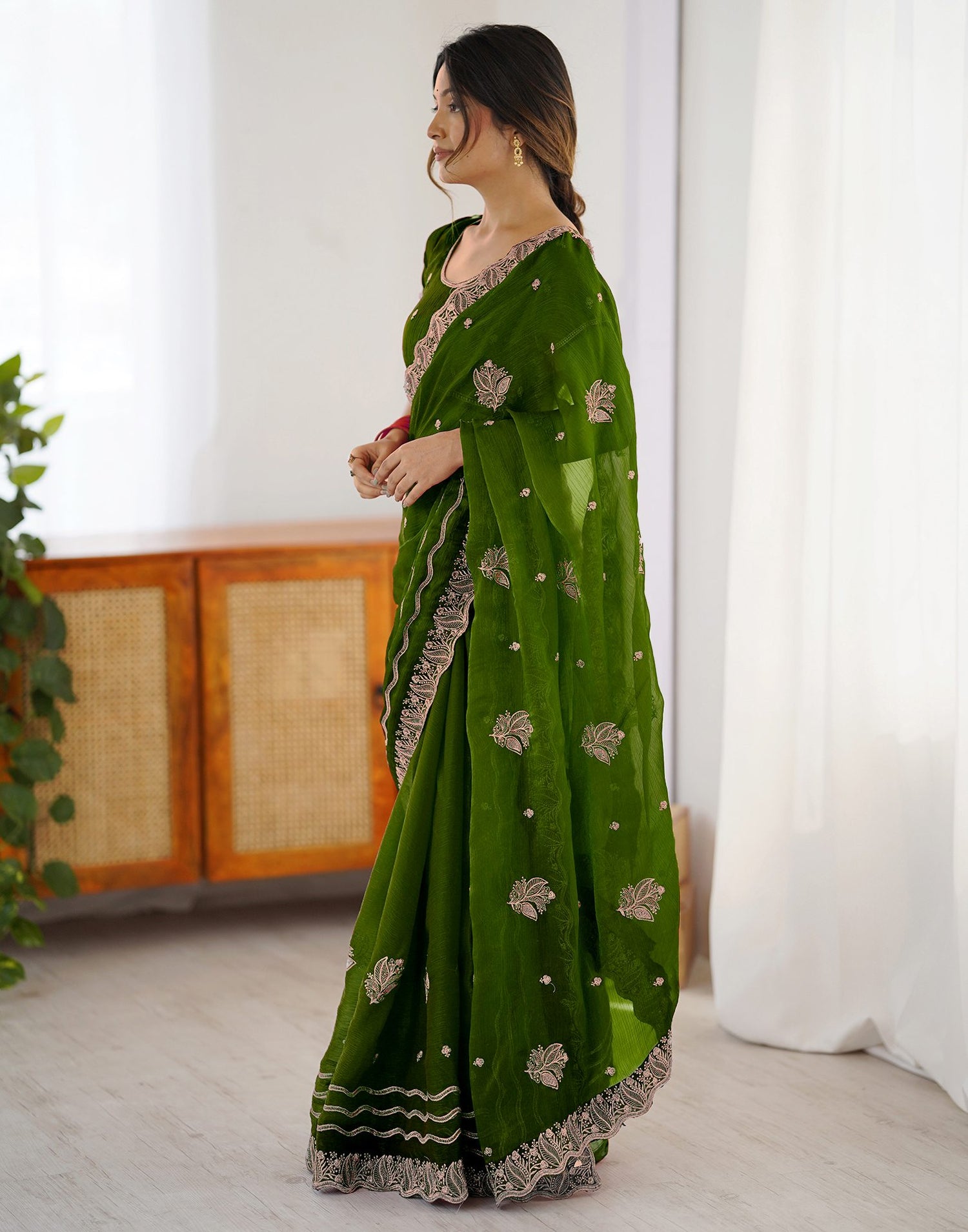 Dark Green Shimmer Embroidery Saree
