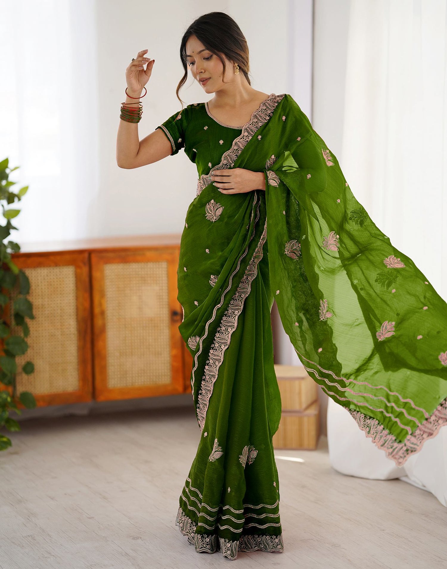Dark Green Shimmer Embroidery Saree