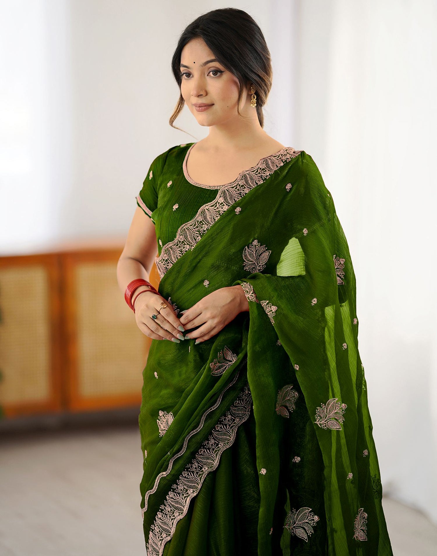 Dark Green Shimmer Embroidery Saree