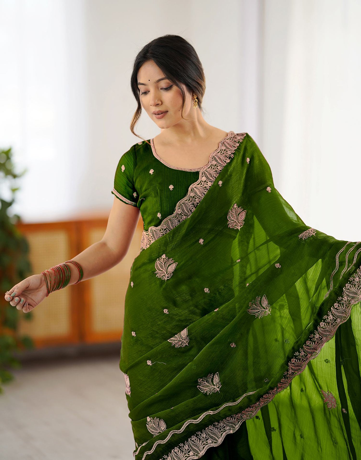 Dark Green Shimmer Embroidery Saree
