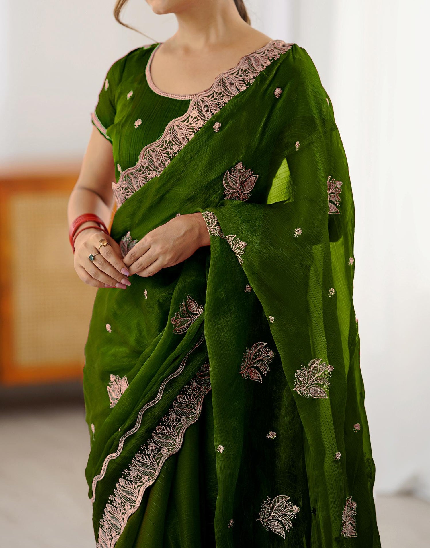 Dark Green Shimmer Embroidery Saree