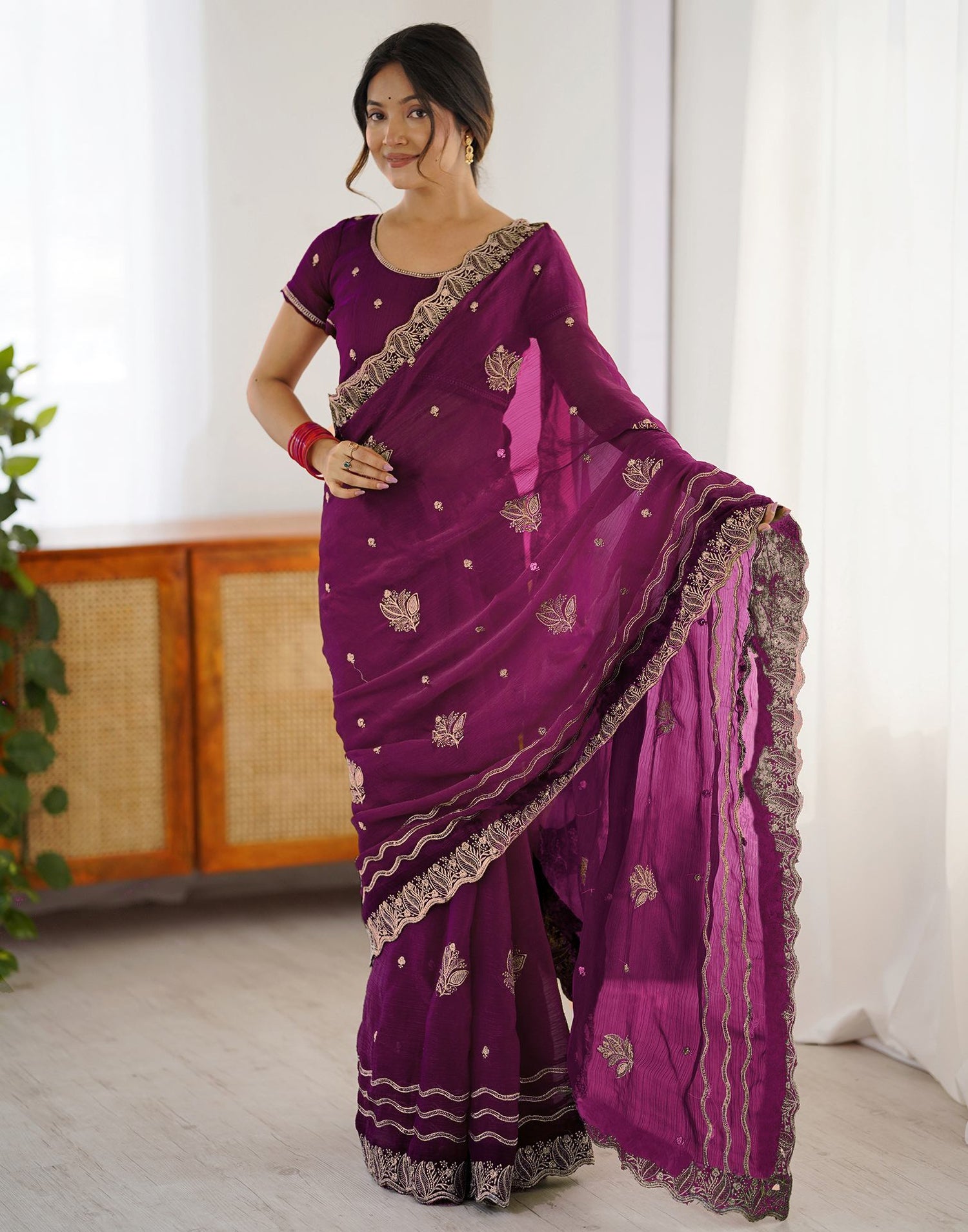 Dark Magenta Shimmer Embroidery Saree