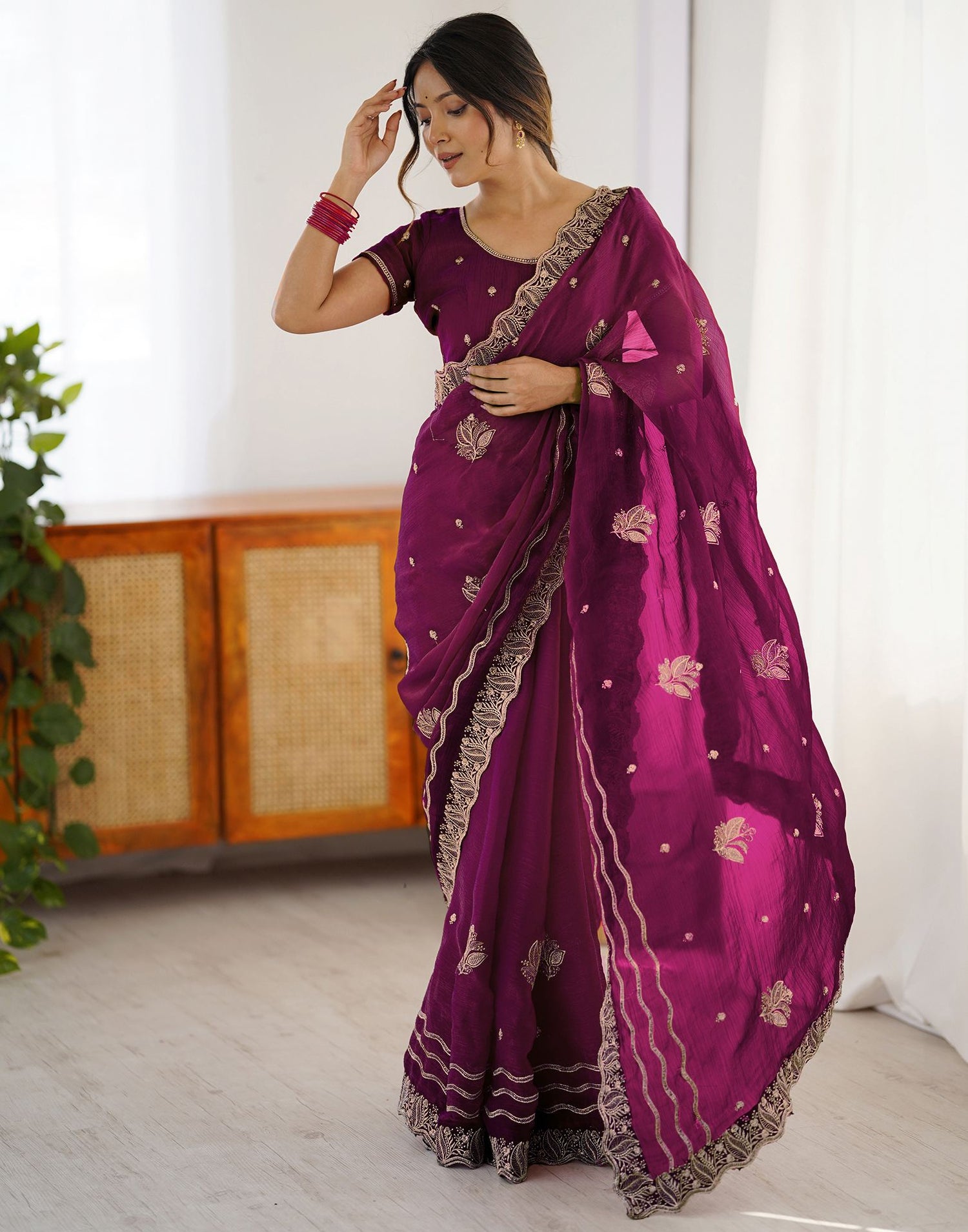Dark Magenta Shimmer Embroidery Saree