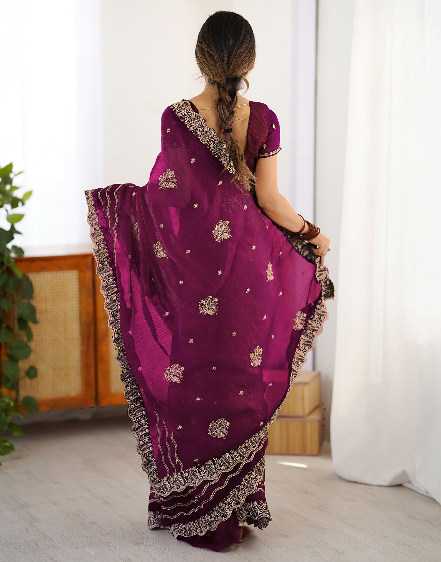 Dark Magenta Shimmer Embroidery Saree