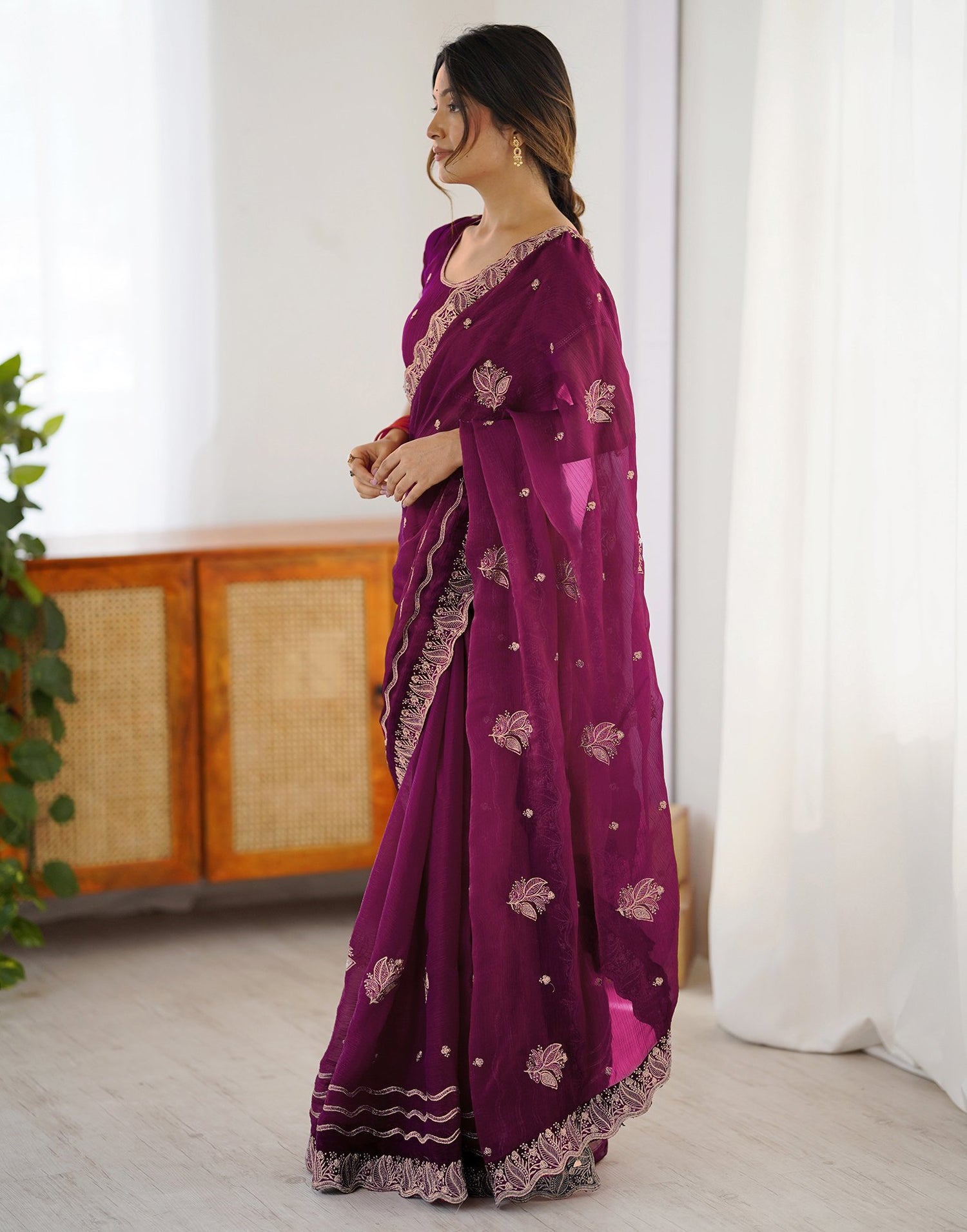 Dark Magenta Shimmer Embroidery Saree