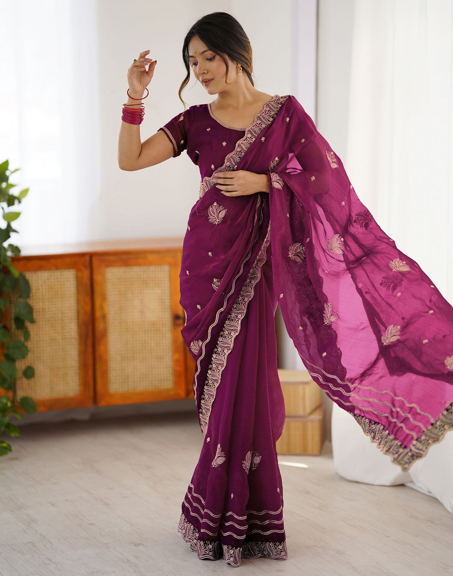 Dark Magenta Shimmer Embroidery Saree