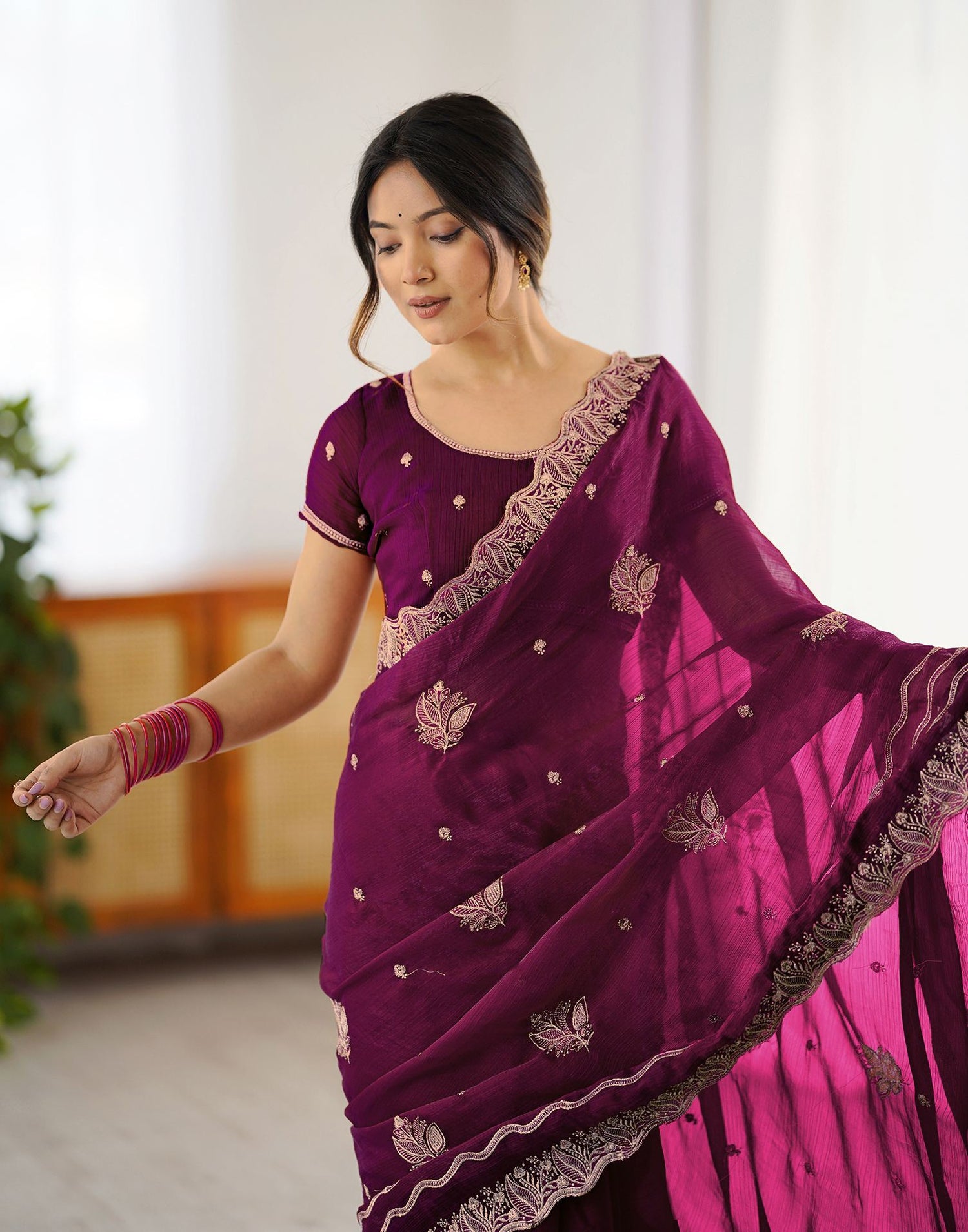 Dark Magenta Shimmer Embroidery Saree