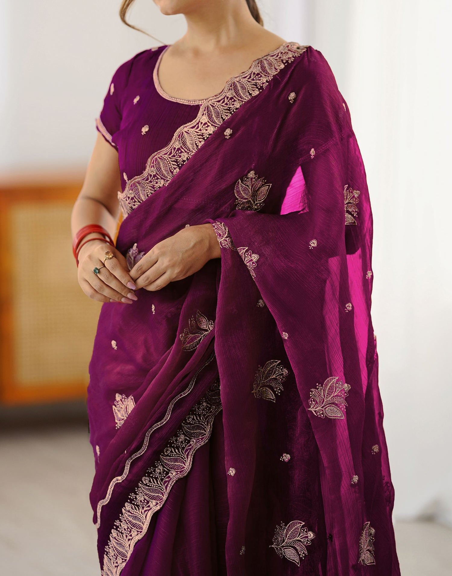 Dark Magenta Shimmer Embroidery Saree