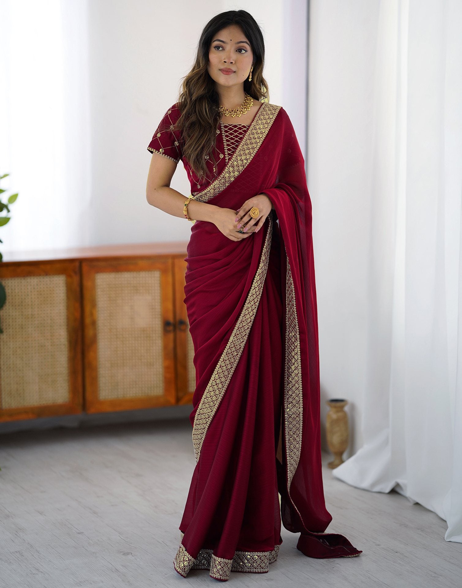 Cherry Red Chiffon Embroidery Lace Saree