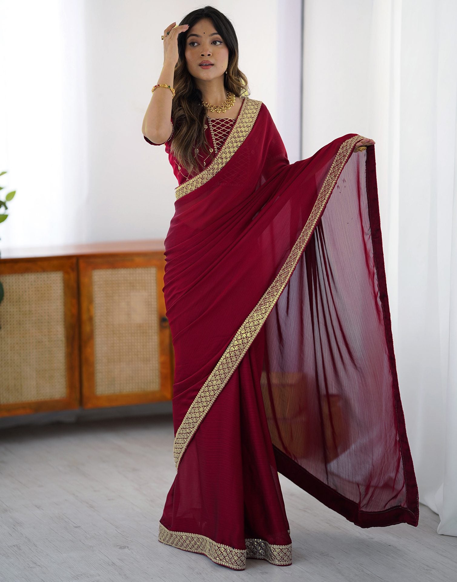 Cherry Red Chiffon Embroidery Lace Saree