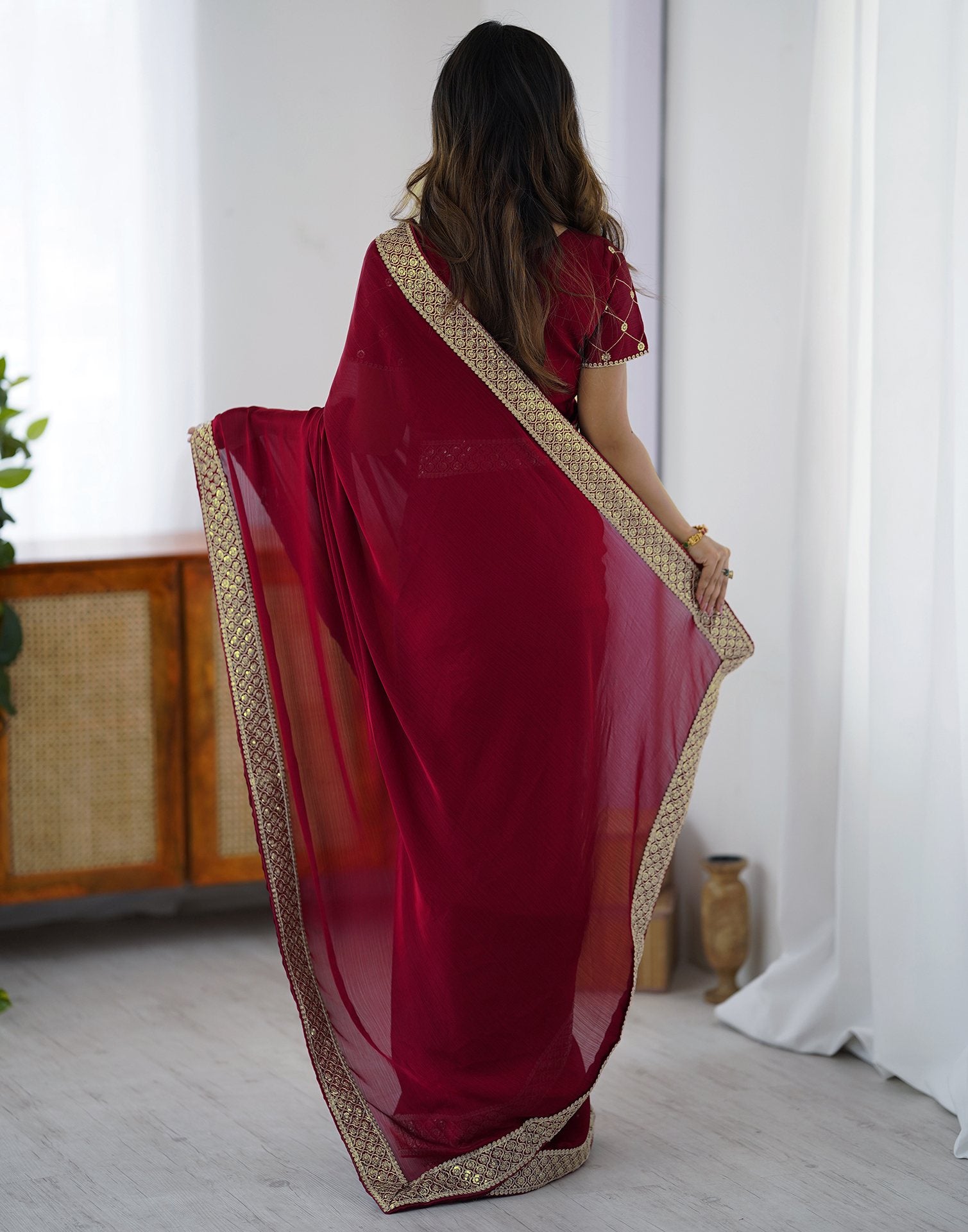 Cherry Red Chiffon Embroidery Lace Saree