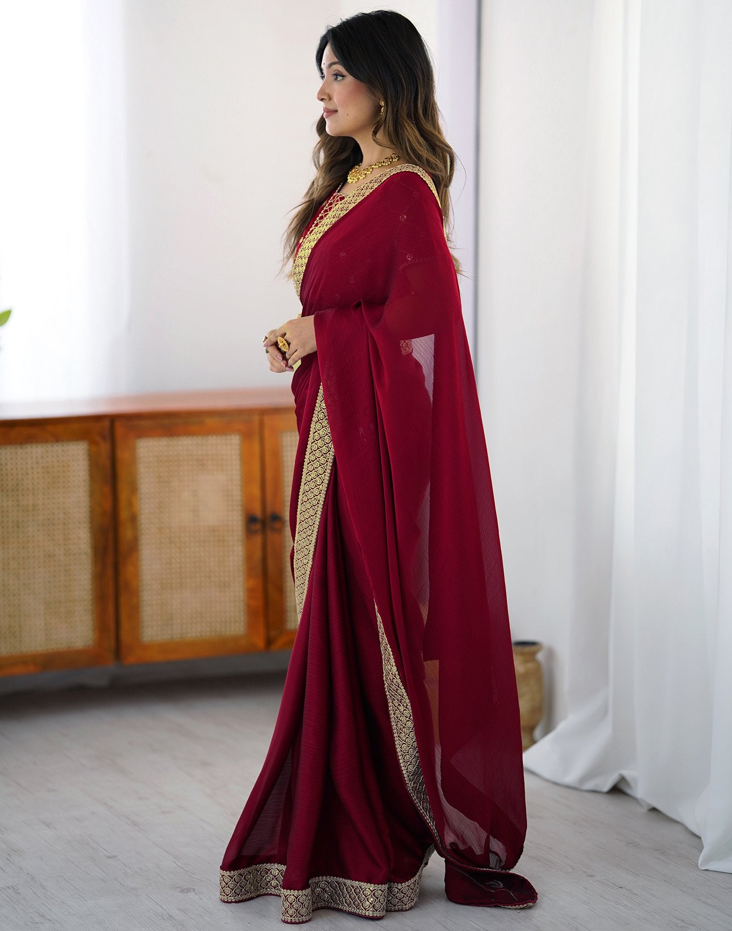 Cherry Red Chiffon Embroidery Lace Saree