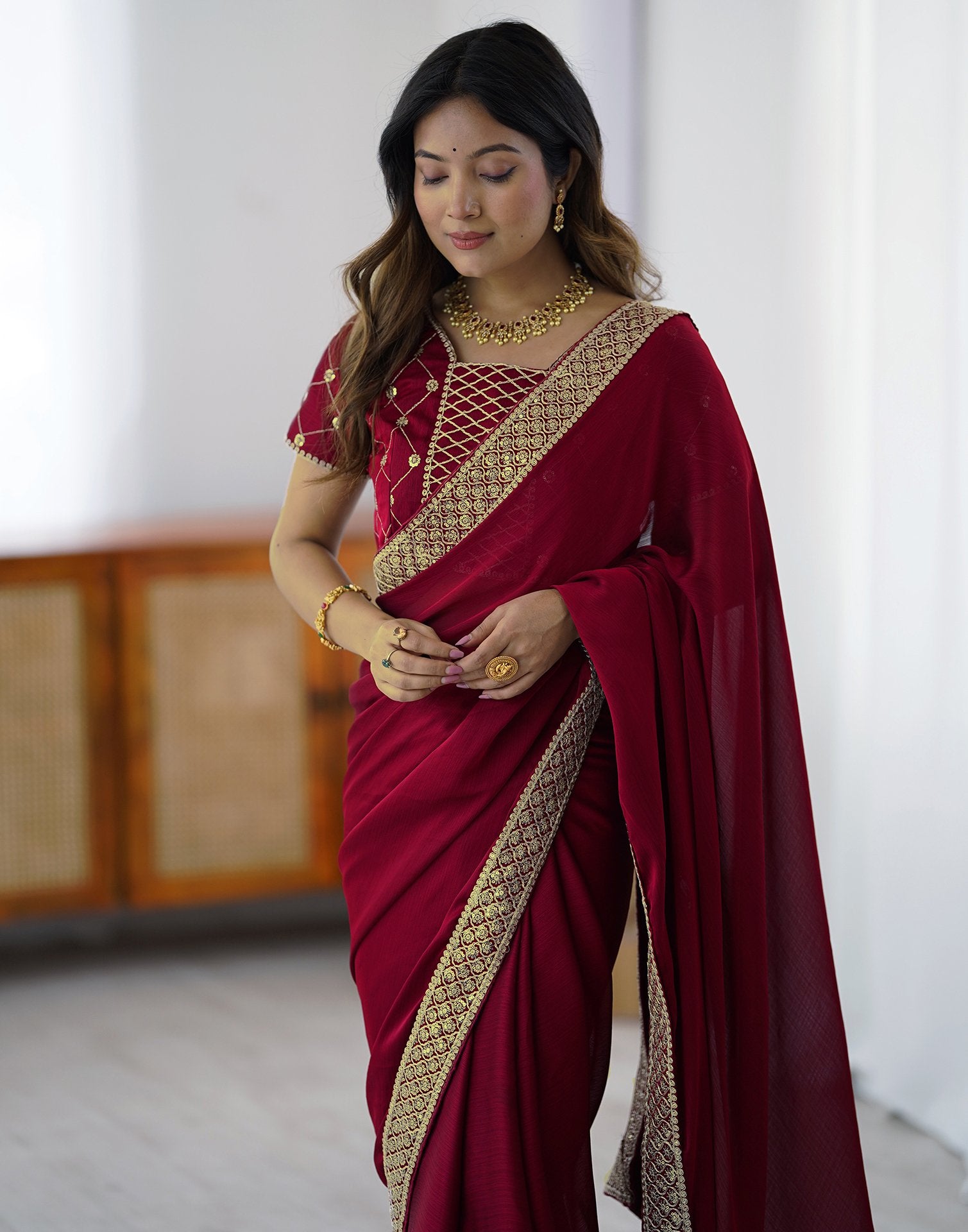 Cherry Red Chiffon Embroidery Lace Saree