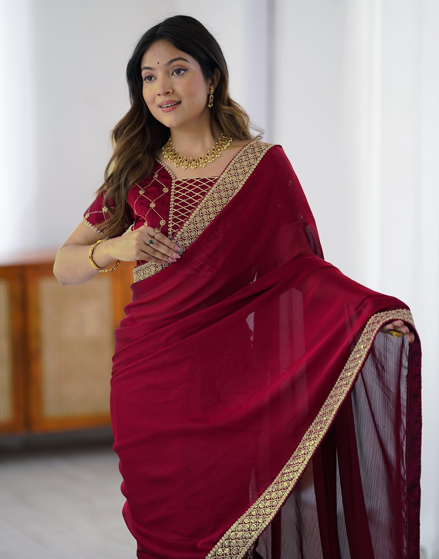 Cherry Red Chiffon Embroidery Lace Saree