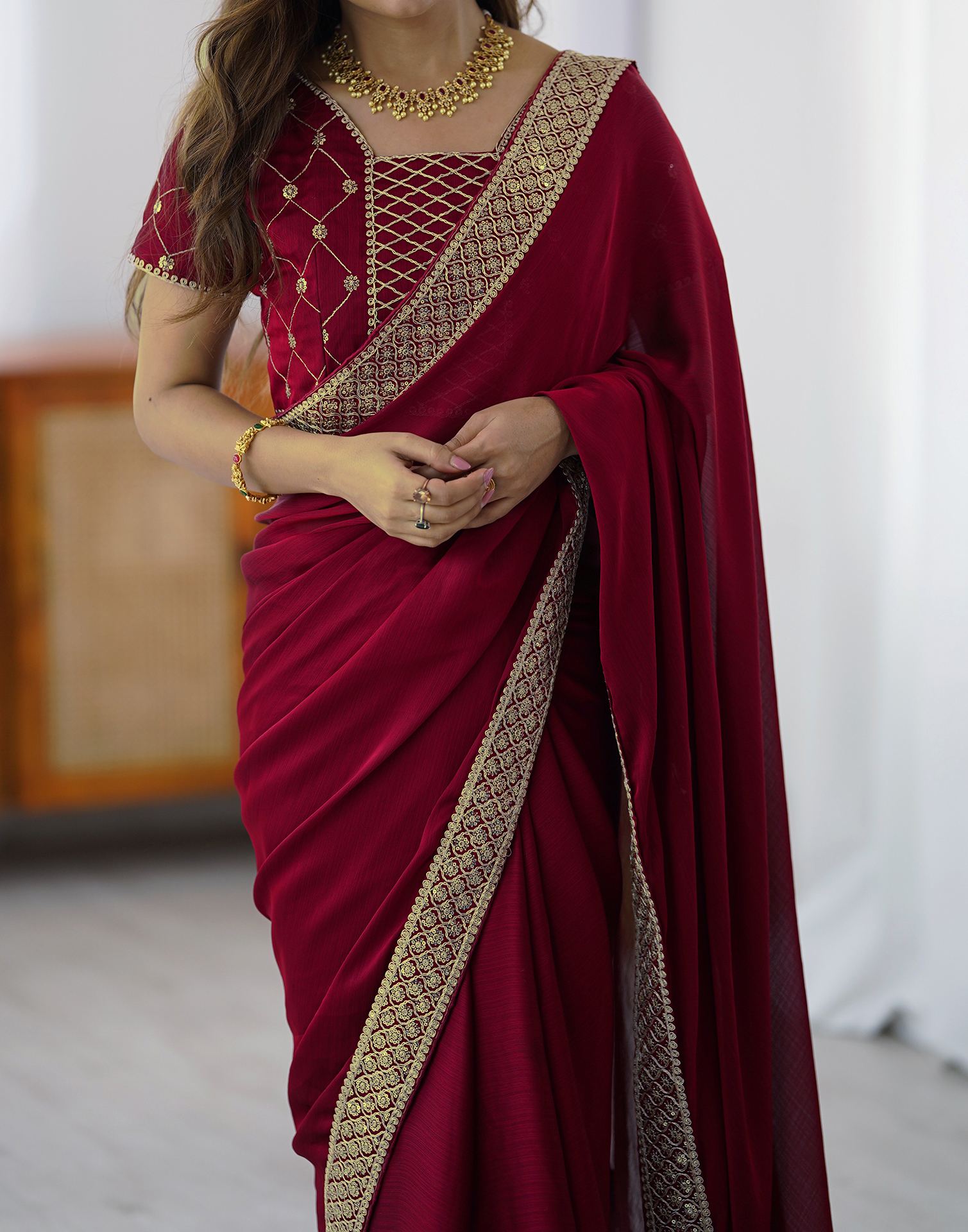 Cherry Red Chiffon Embroidery Lace Saree