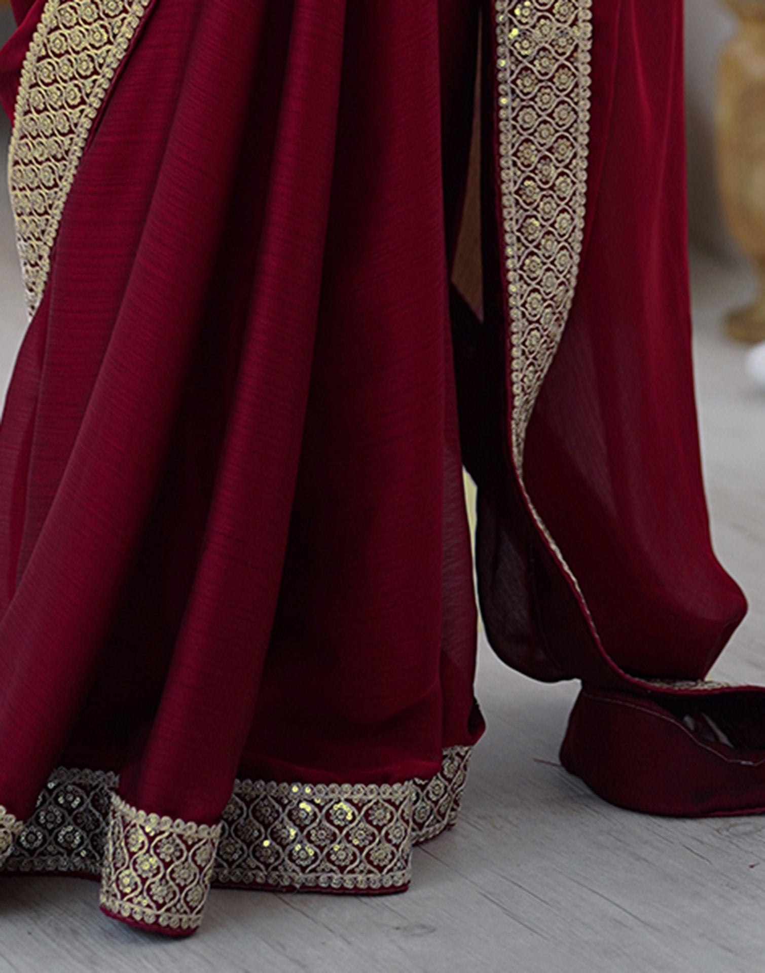 Cherry Red Chiffon Embroidery Lace Saree