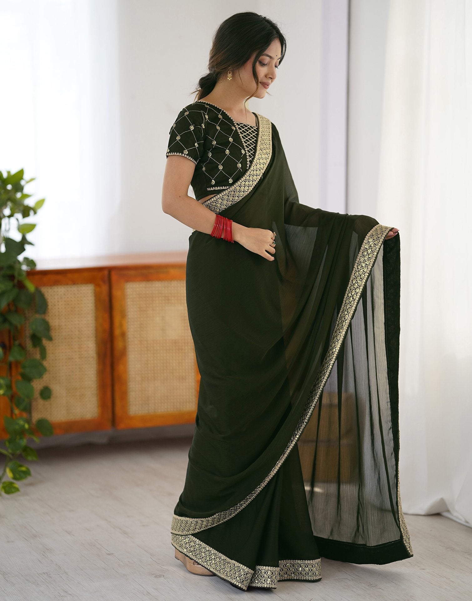 Bottle Green Chiffon Embroidery Lace Saree