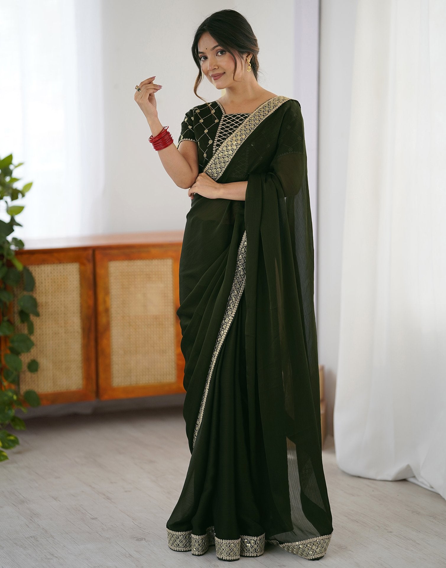 Bottle Green Chiffon Embroidery Lace Saree