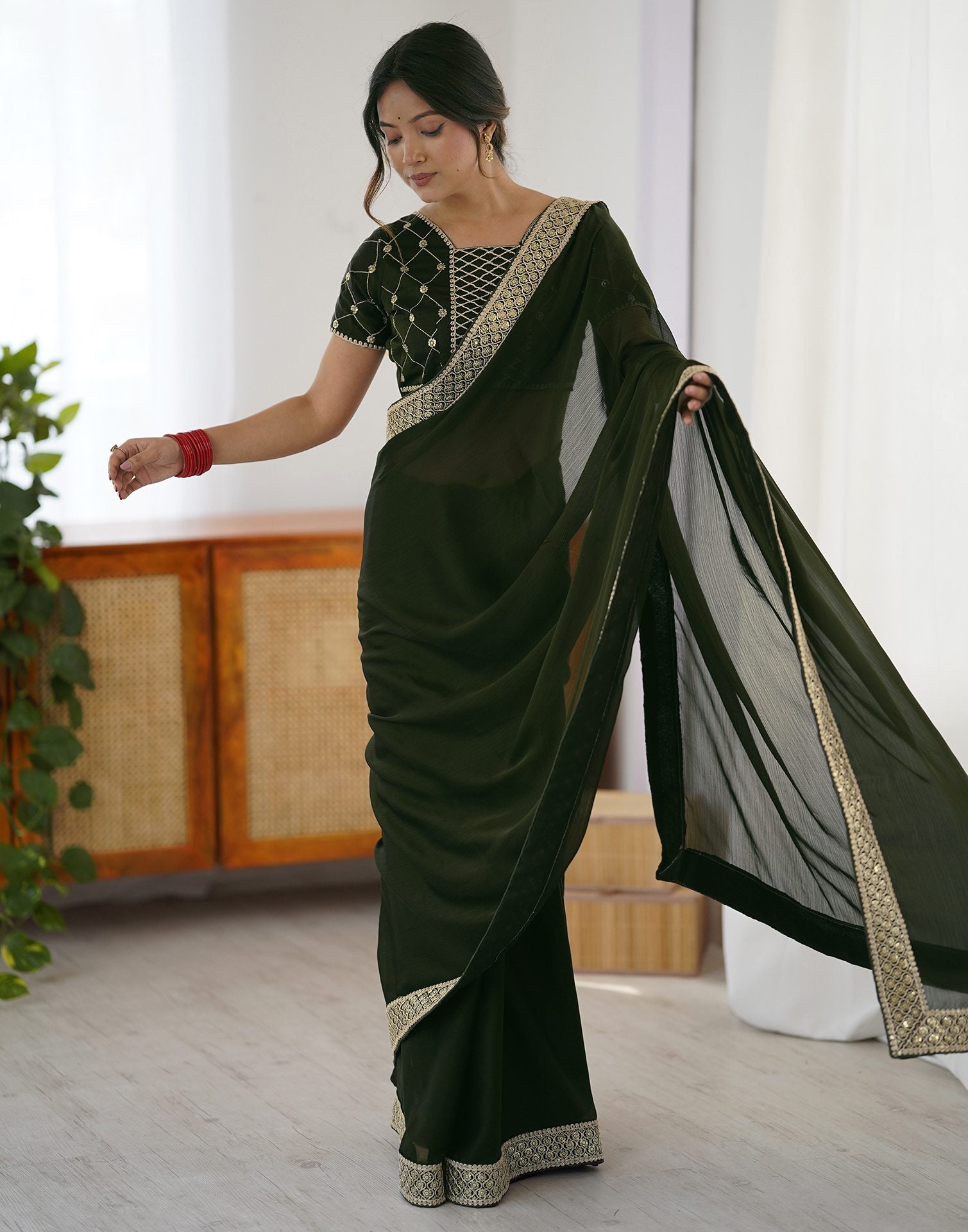 Bottle Green Chiffon Embroidery Lace Saree