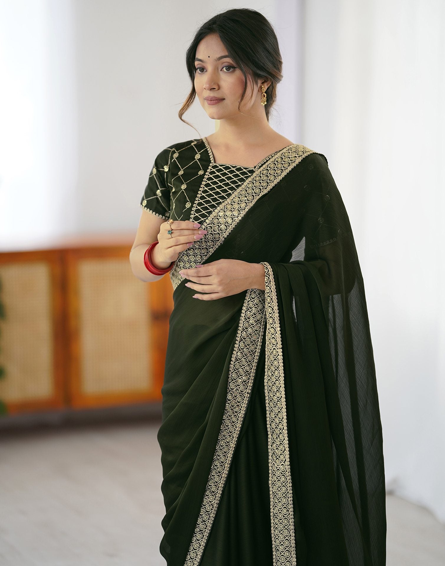 Bottle Green Chiffon Embroidery Lace Saree