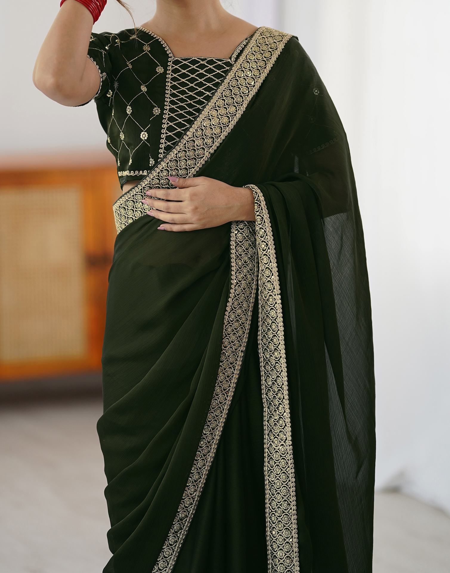 Bottle Green Chiffon Embroidery Lace Saree