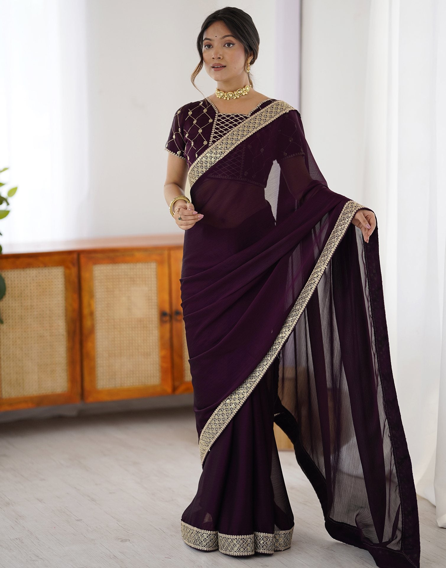 Dark Wine Chiffon Embroidery Lace Saree