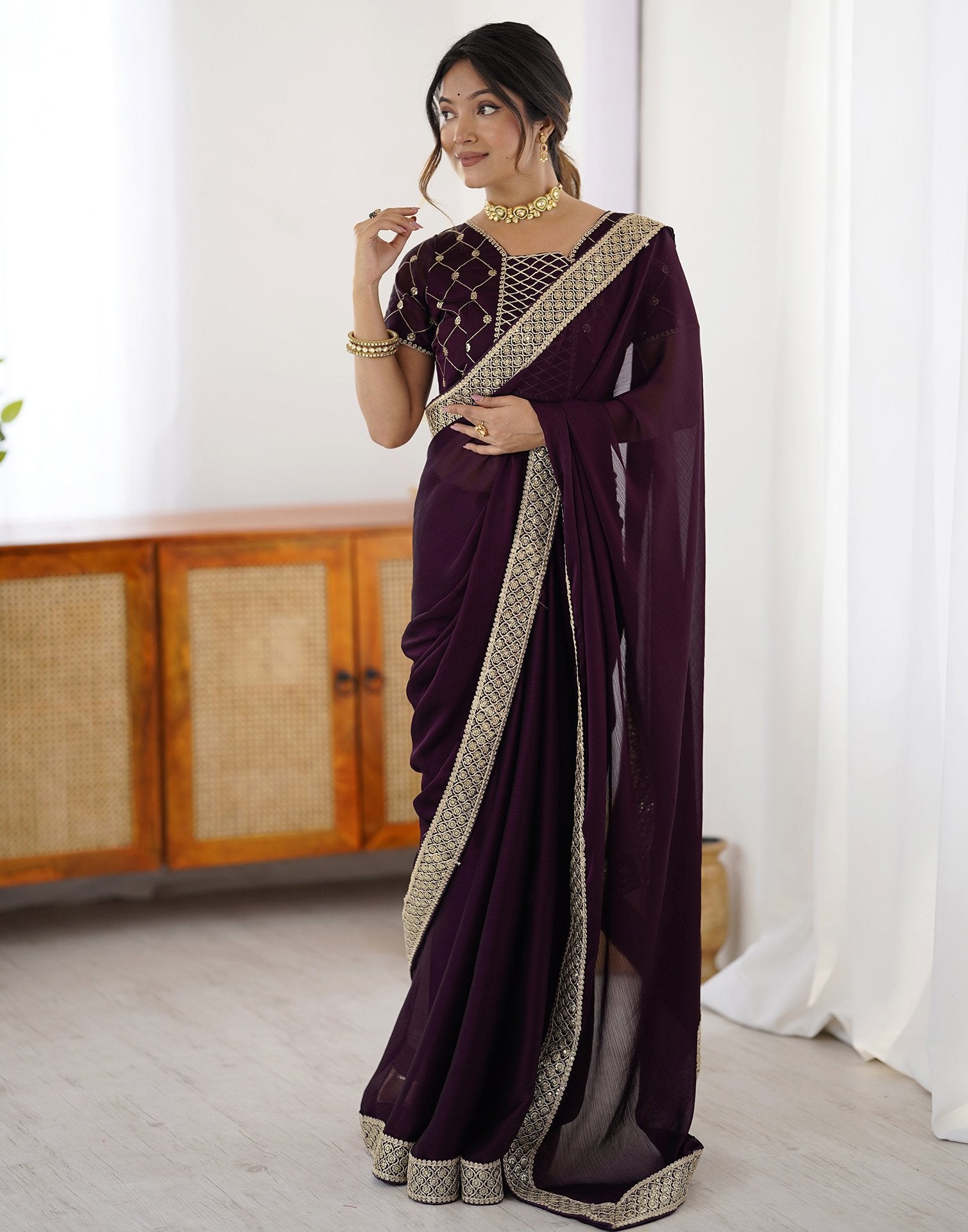 Dark Wine Chiffon Embroidery Lace Saree
