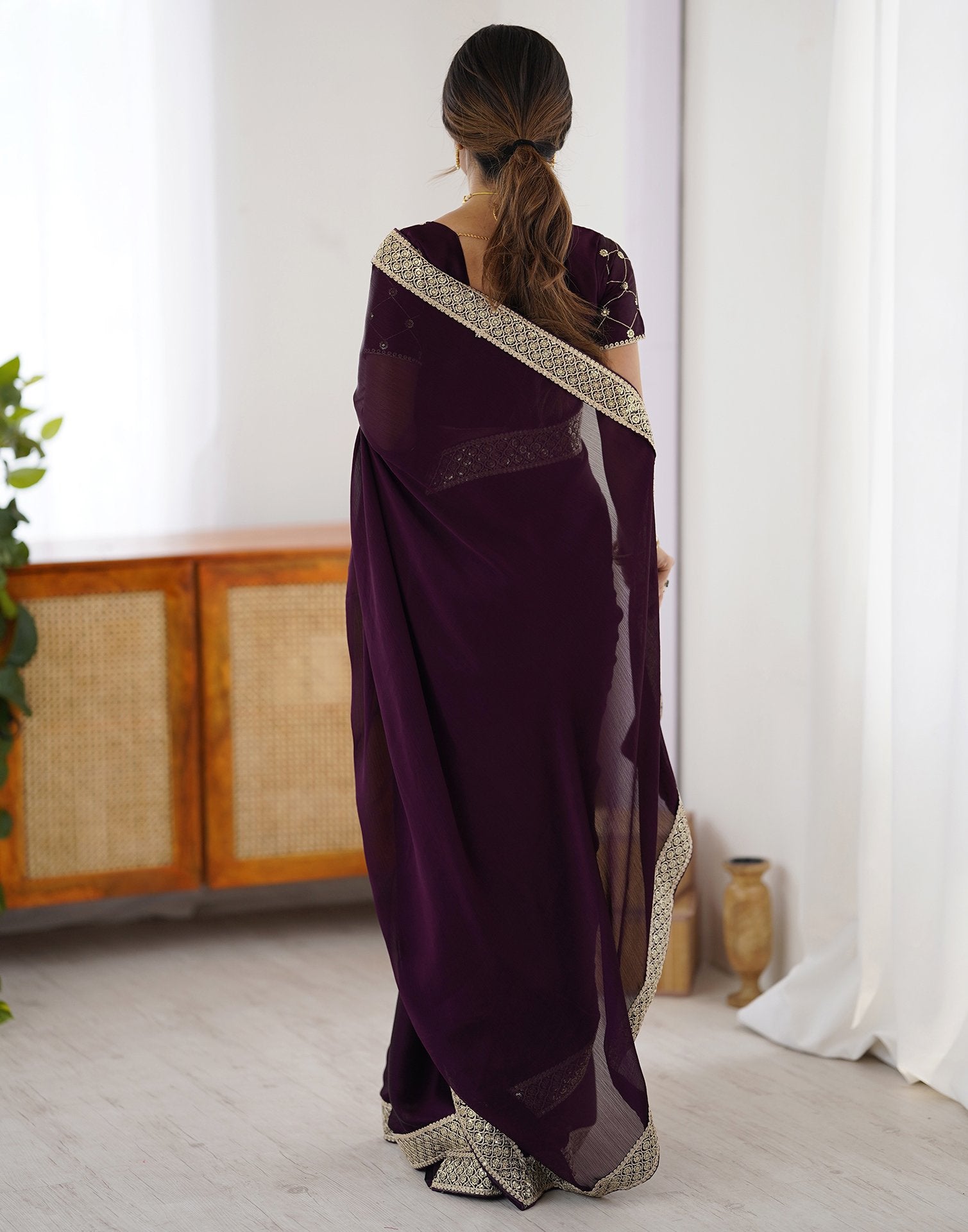 Dark Wine Chiffon Embroidery Lace Saree
