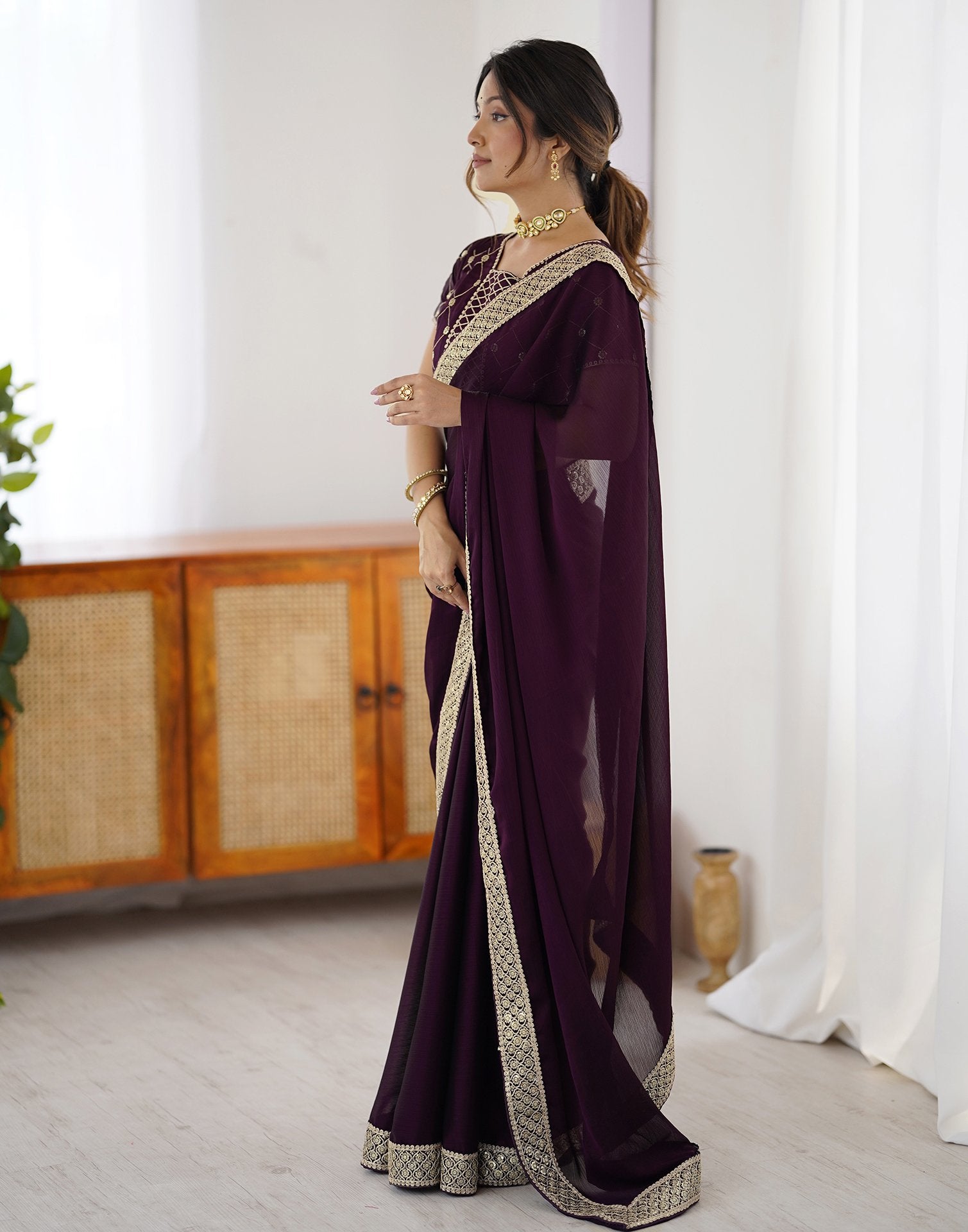 Dark Wine Chiffon Embroidery Lace Saree