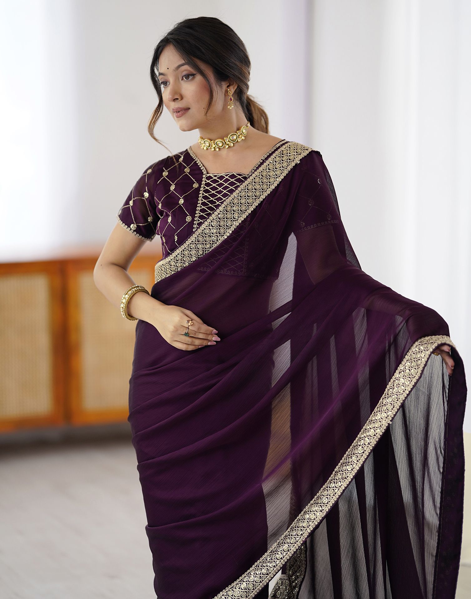 Dark Wine Chiffon Embroidery Lace Saree