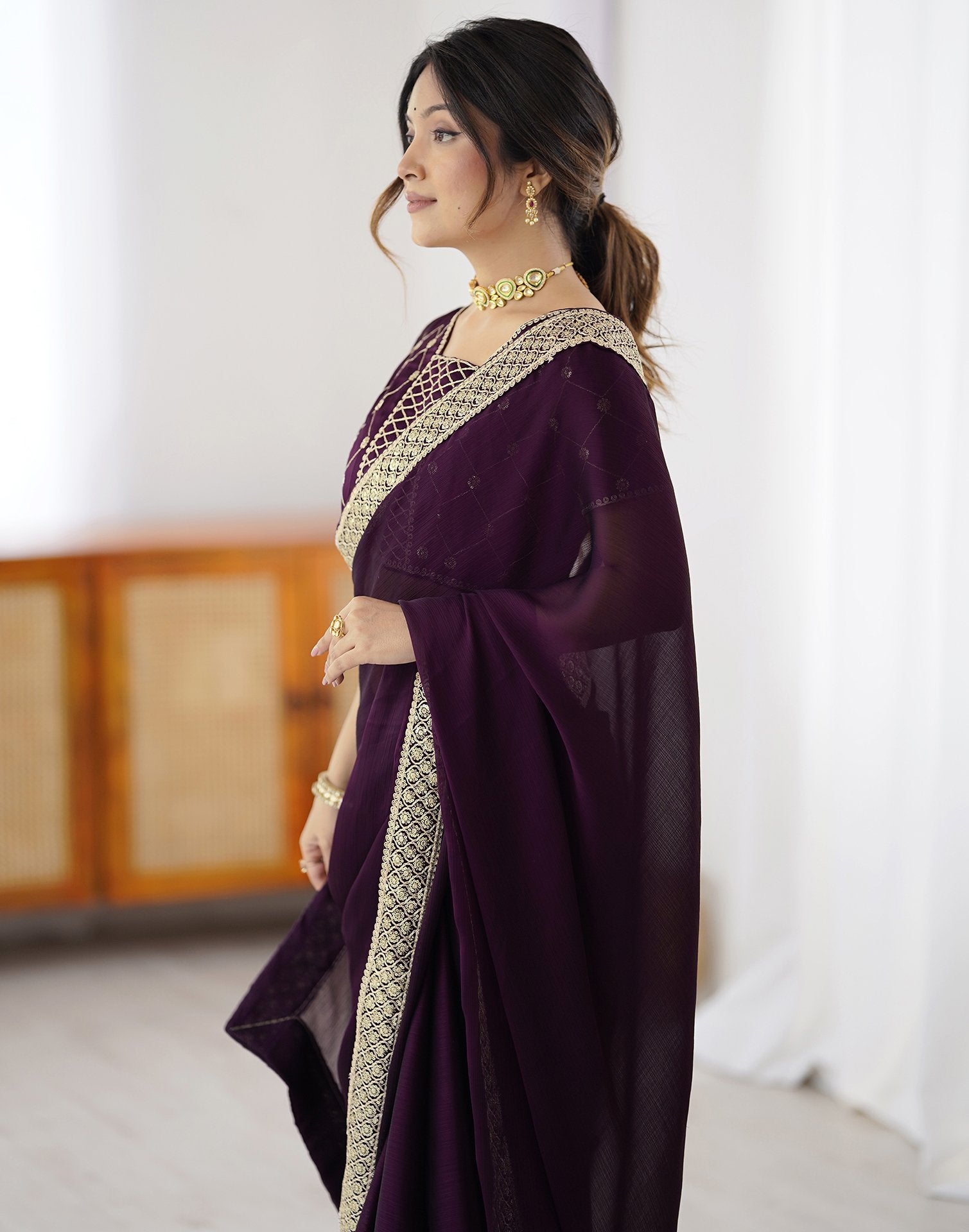 Dark Wine Chiffon Embroidery Lace Saree