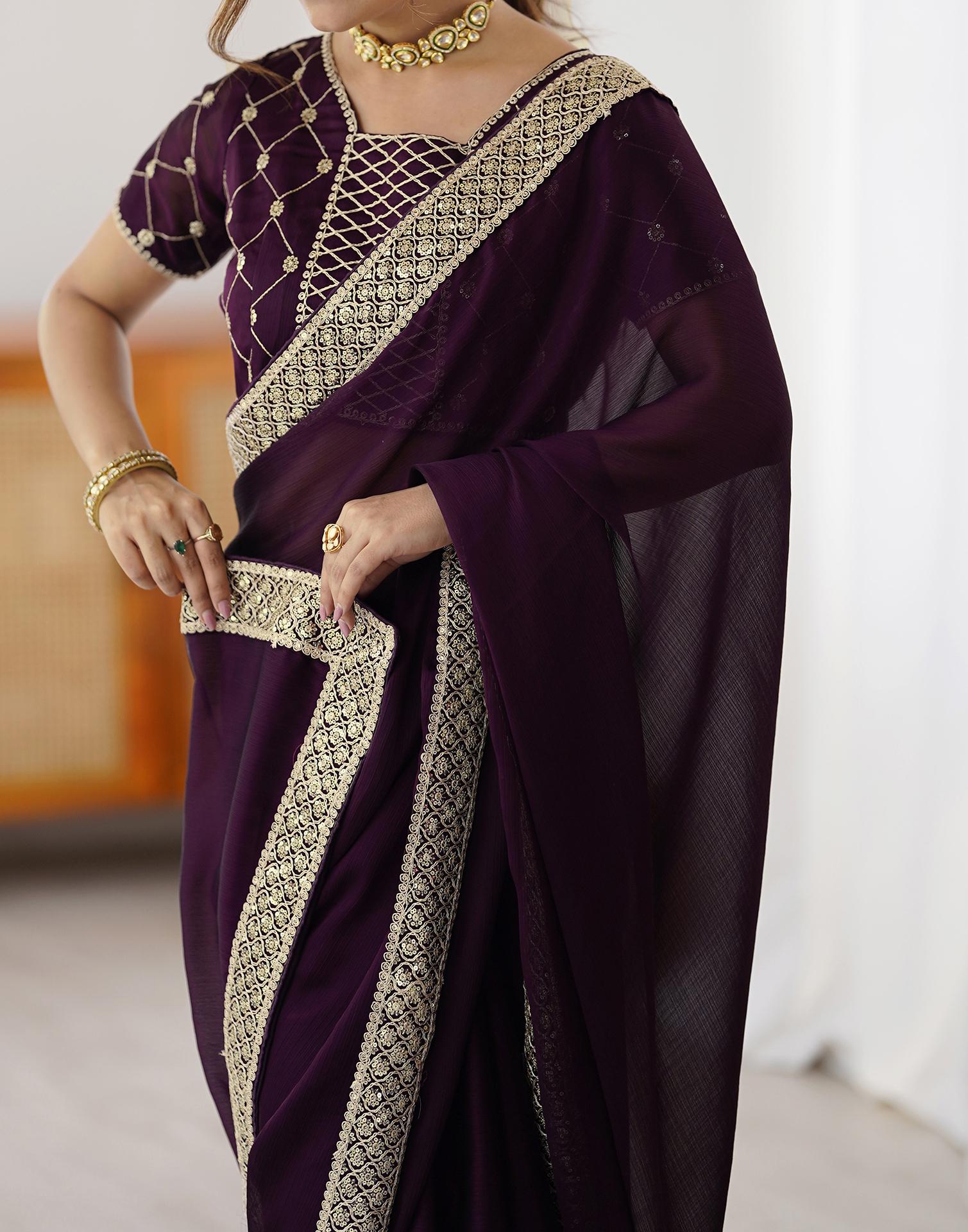 Dark Wine Chiffon Embroidery Lace Saree