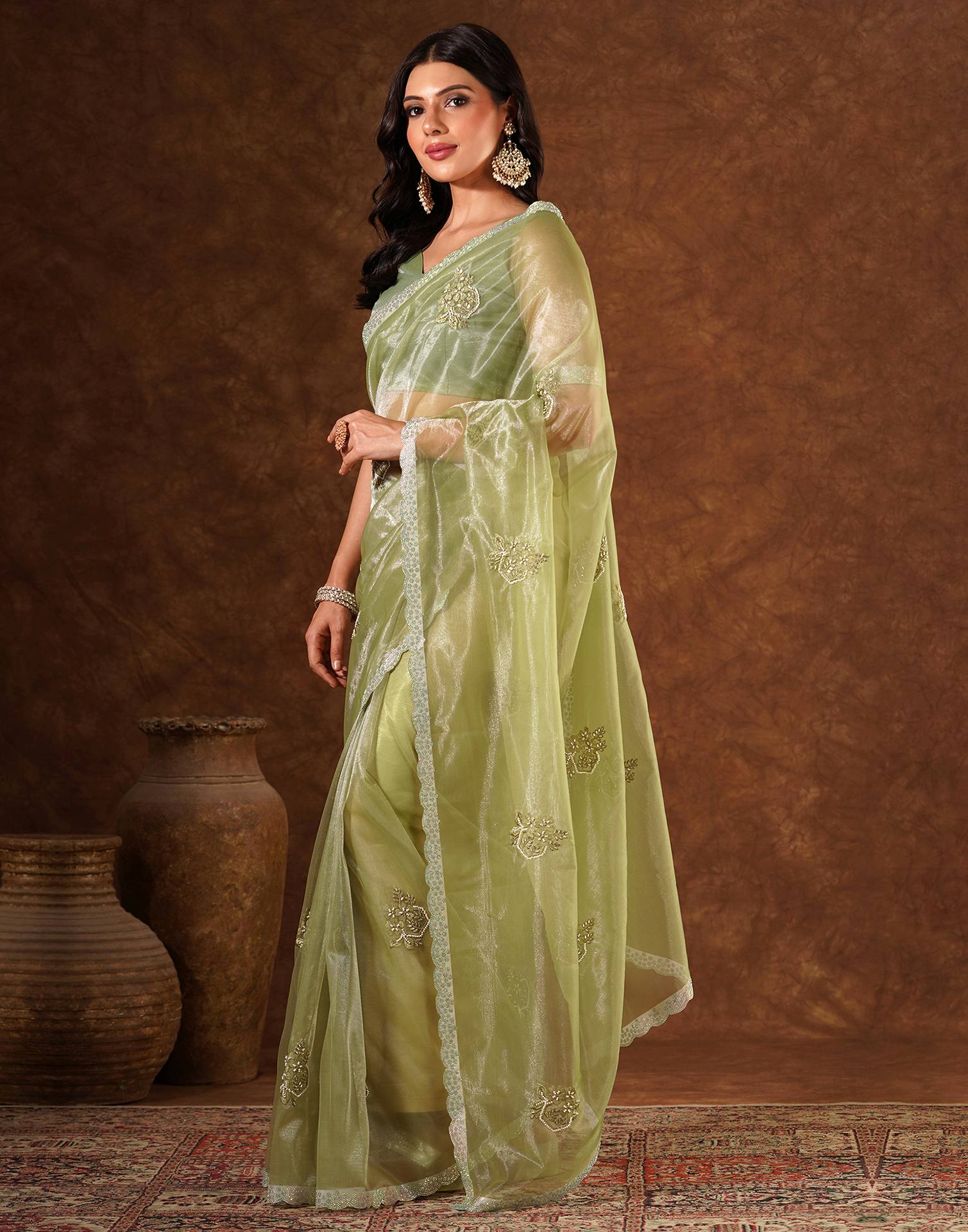 Green Net Embroidery Saree