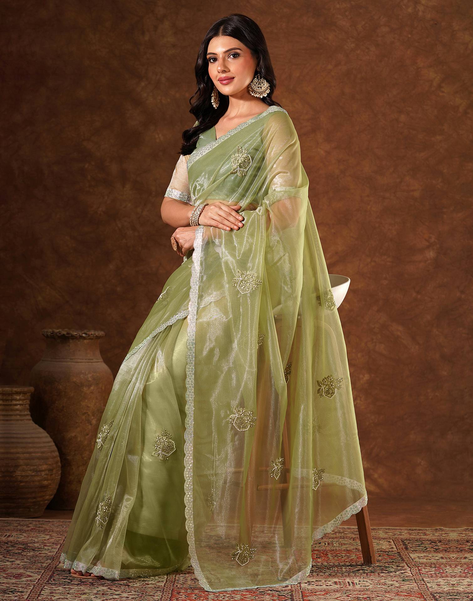 Green Net Embroidery Saree