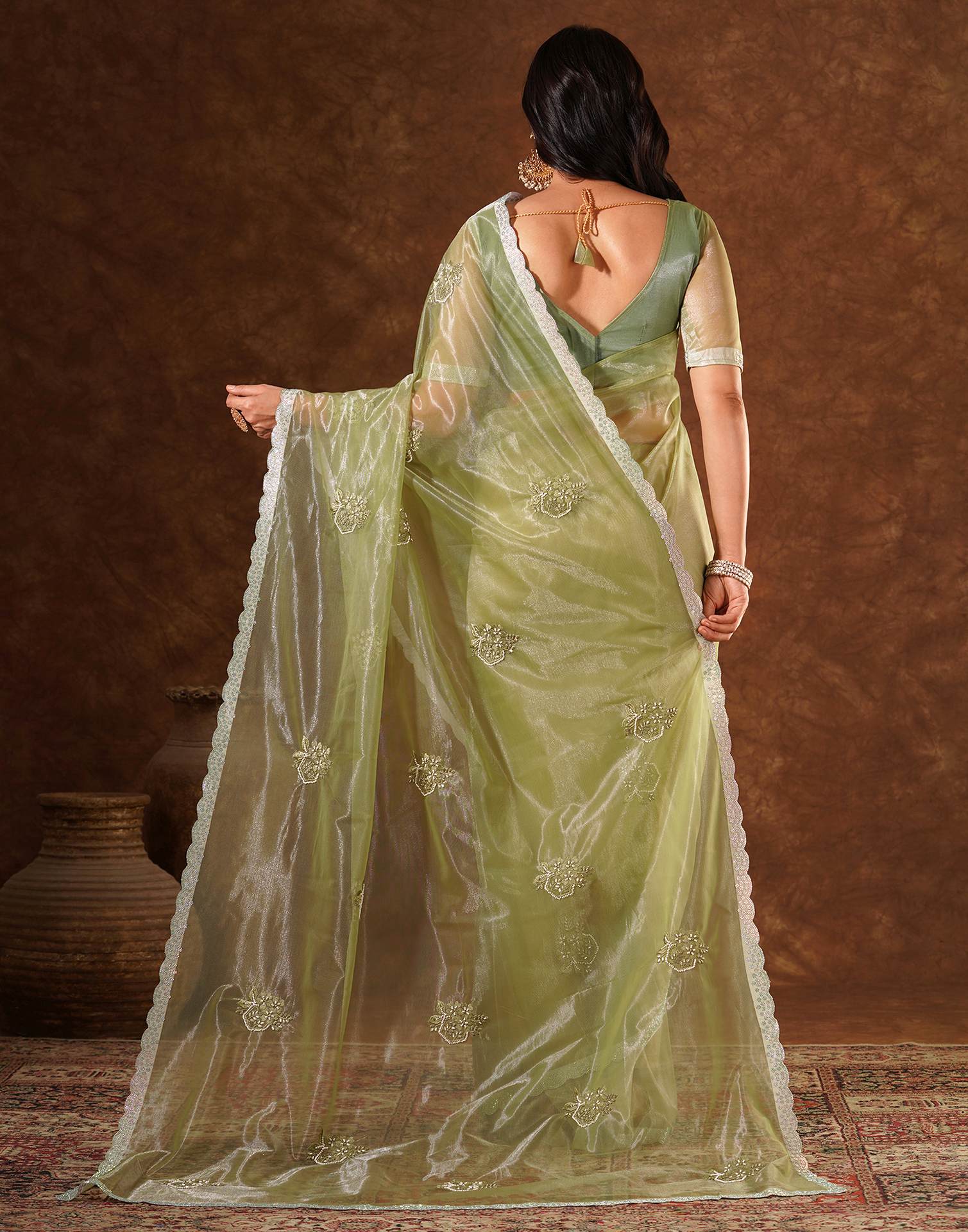 Green Net Embroidery Saree