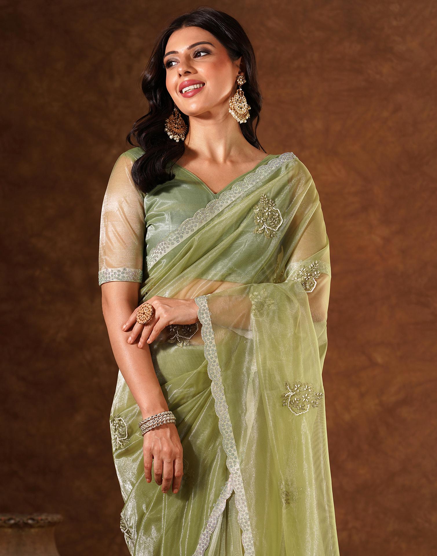 Green Net Embroidery Saree