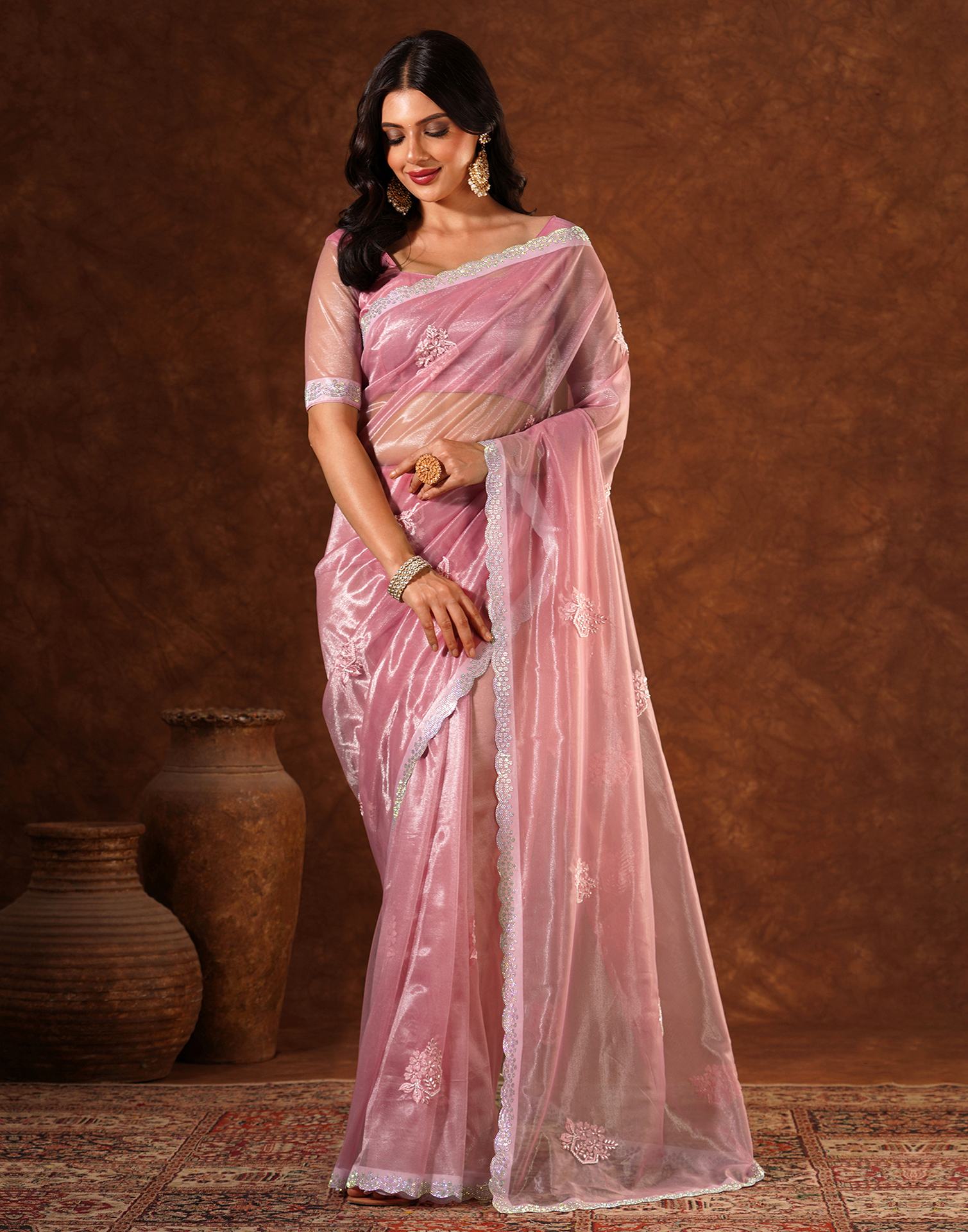 Pink Net Embroidery Saree