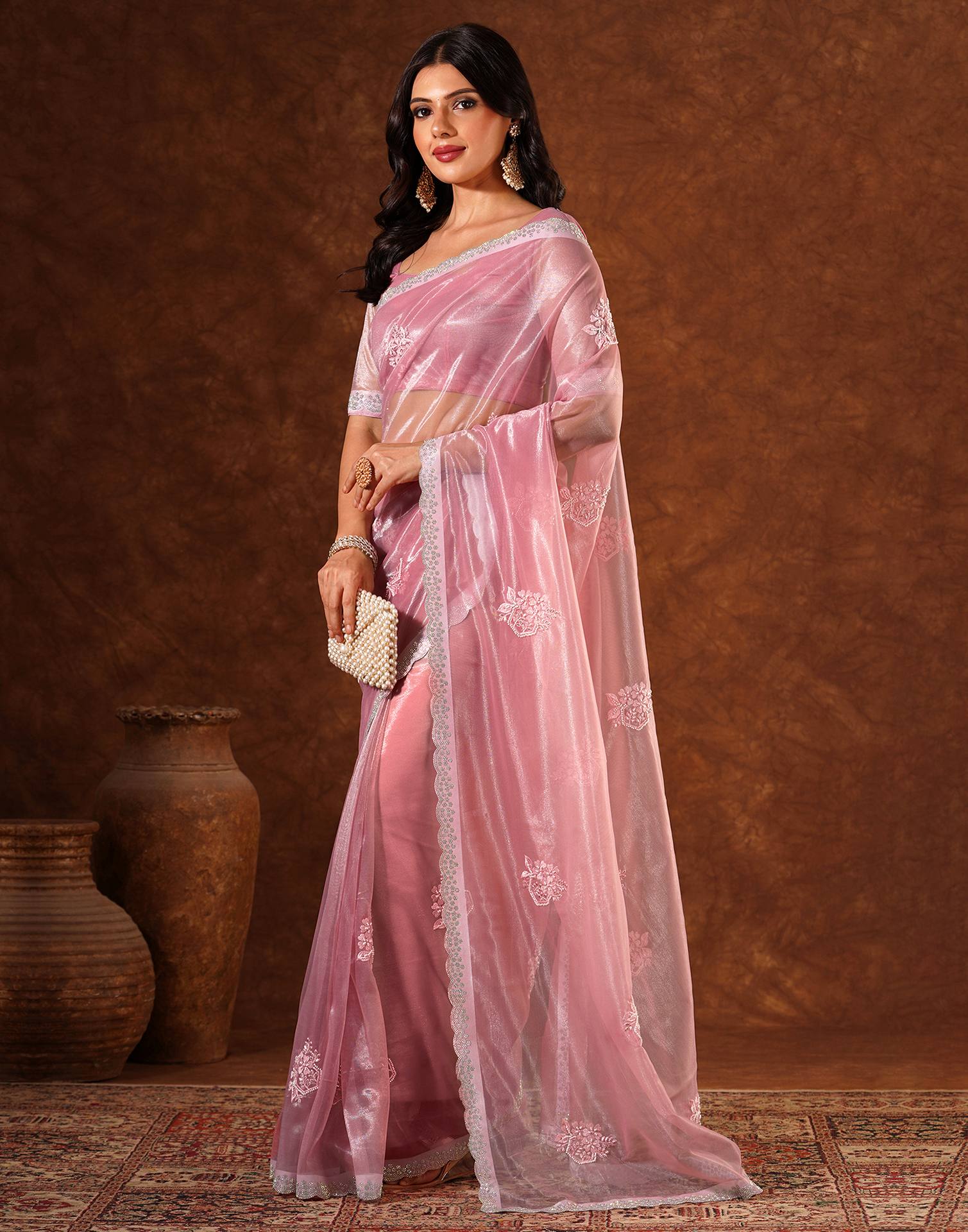 Pink Net Embroidery Saree
