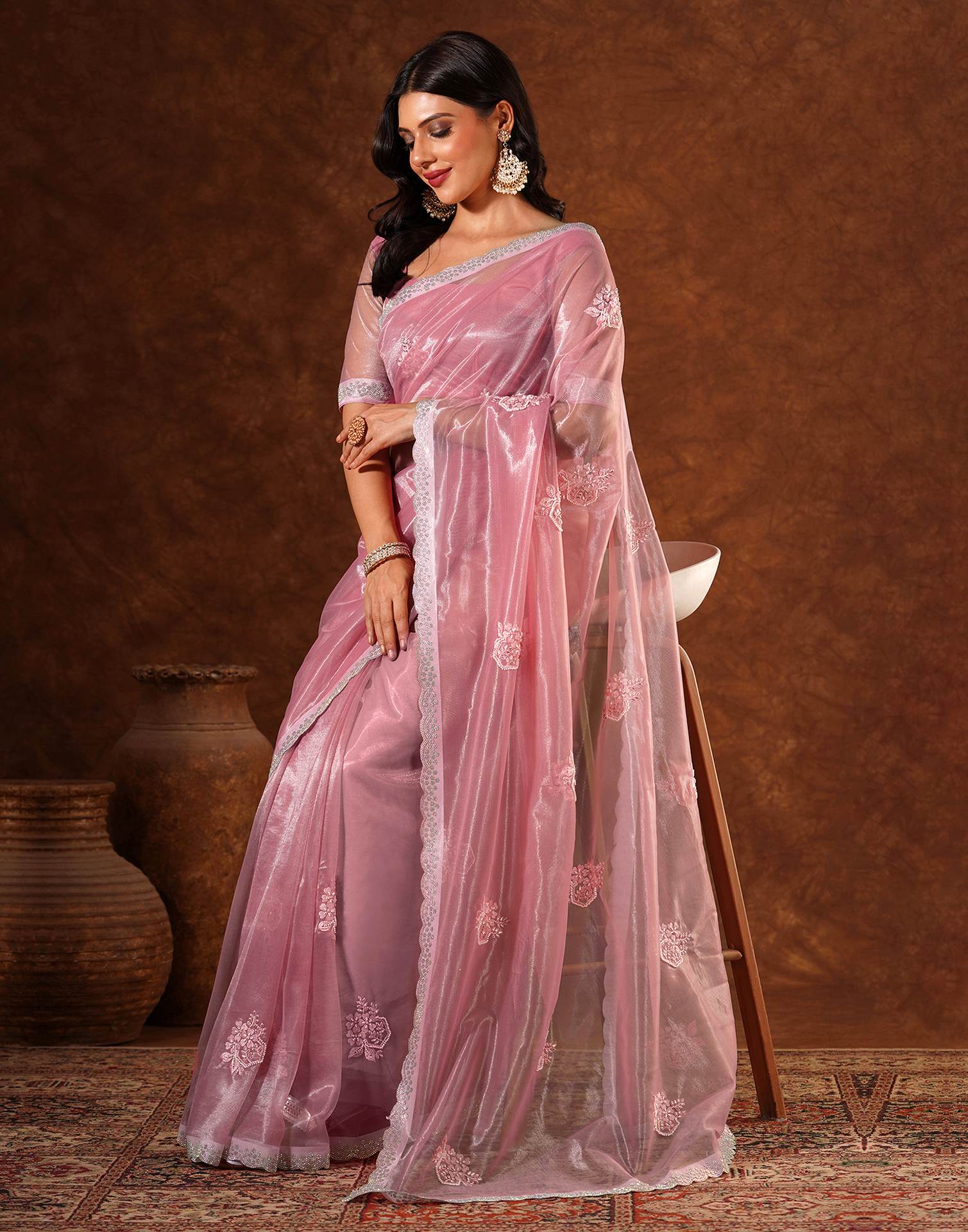 Pink Net Embroidery Saree