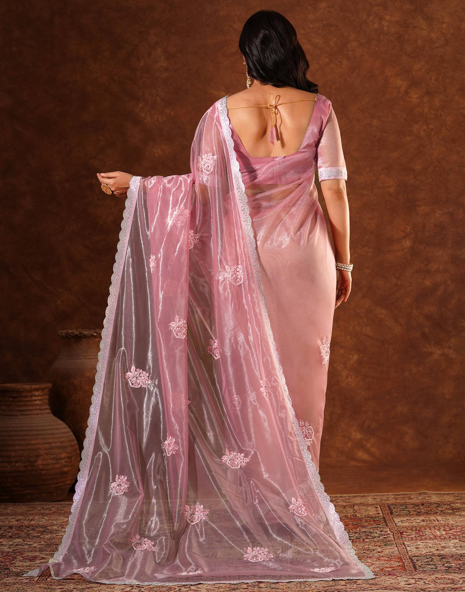 Pink Net Embroidery Saree