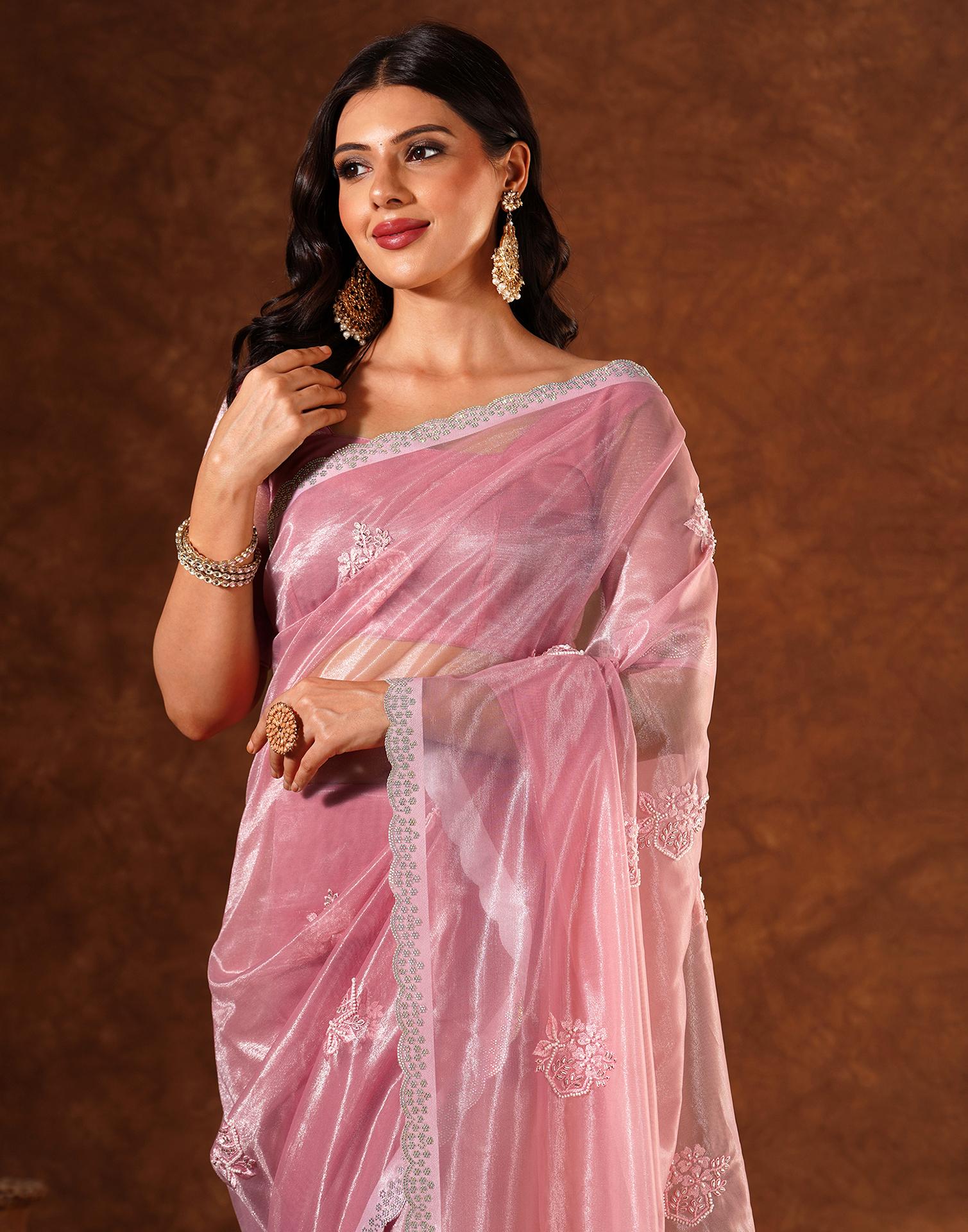 Pink Net Embroidery Saree
