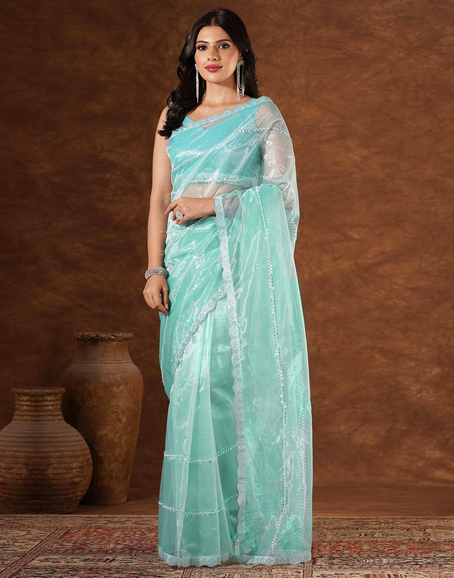 Turquoise Net Embroidery Saree