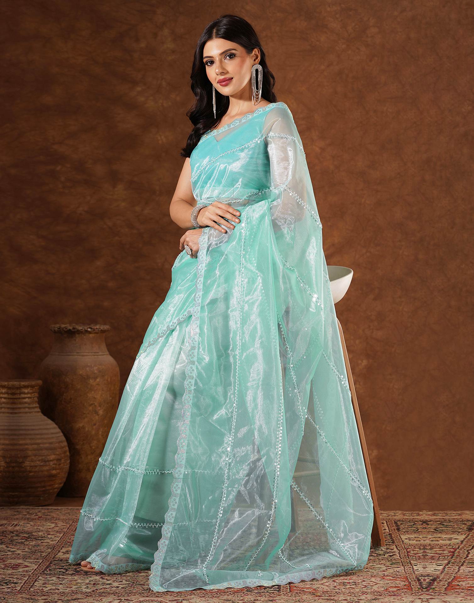 Turquoise Net Embroidery Saree