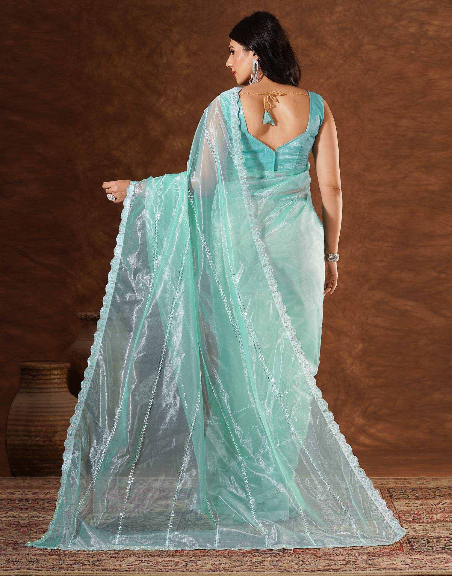 Turquoise Net Embroidery Saree