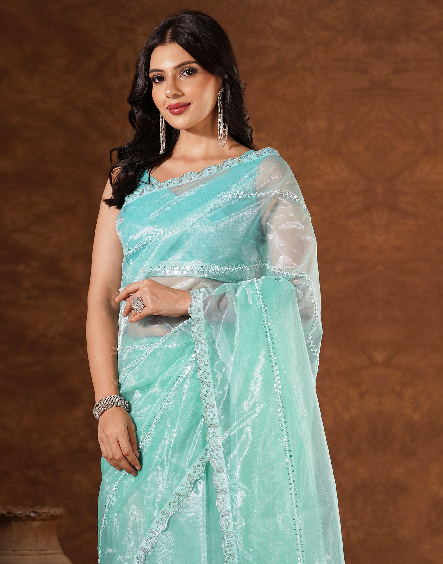 Turquoise Net Embroidery Saree