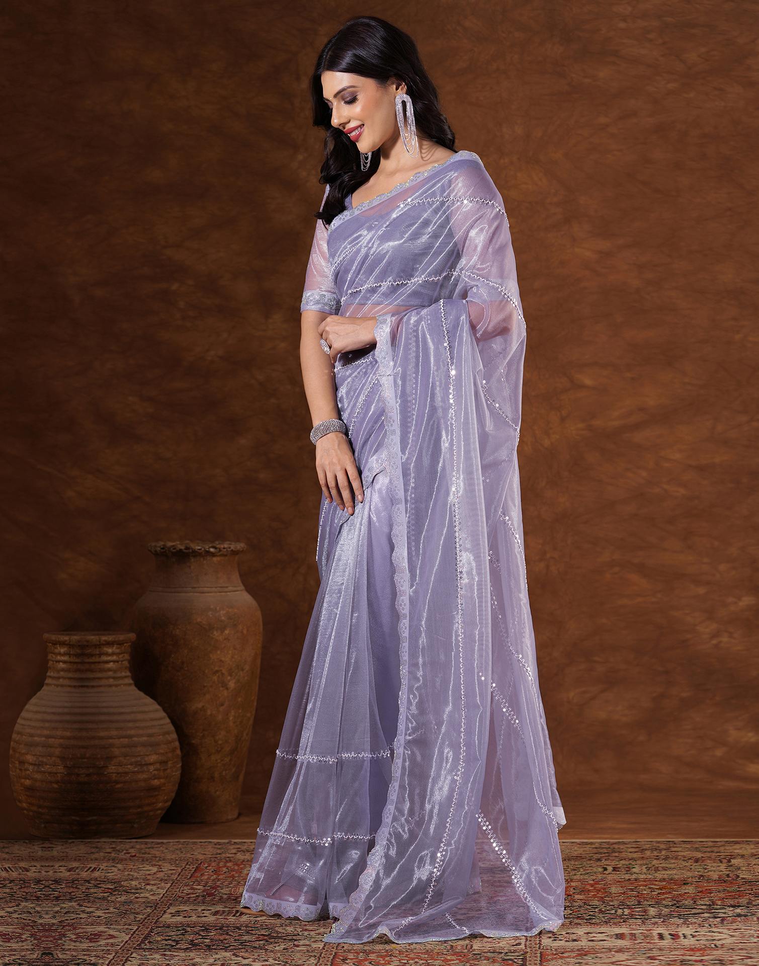 Purple Net Embroidery Saree