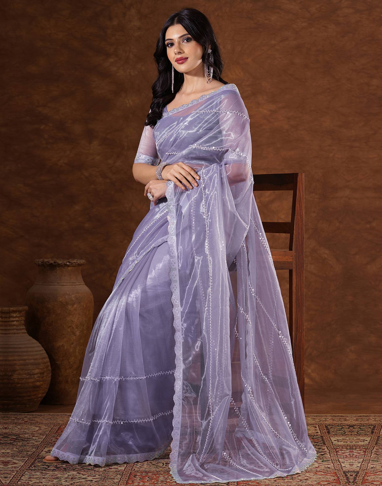 Purple Net Embroidery Saree